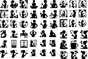 Girl Drinking Coffee Silhouette Set – Stylish Morning Icon Collection Coffee Lover Female Vector Icons – Minimal Girl & Hot Drink Design