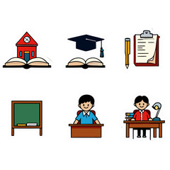 Educational Icons Set Featuring School Buildings Books Teacher Blackboard and Student Desk