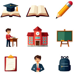 Educational and school-related icons including a graduate cap books and a student classroom scene