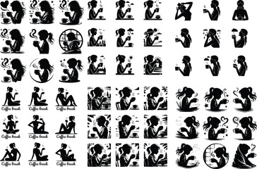 Girl Drinking Coffee Silhouette Set – Stylish Morning Icon Collection Coffee Lover Female Vector Icons – Minimal Girl & Hot Drink Design