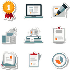 Collection of icons representing office supplies and document management tools for workspace