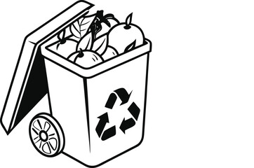 Black and White Recycling Bin with Fruit Waste Illustrating Sustainable Practices and Environmental Consciousness