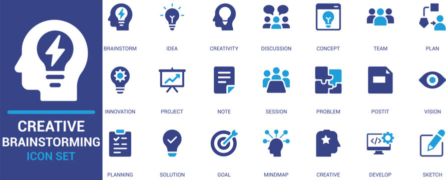 Flat creative brainstorming icon set featuring idea, innovation, discussion, mind‑map, solution, planning, sketch, and collaboration symbols. Ideal for workshops, presentations, and UI UX design.

