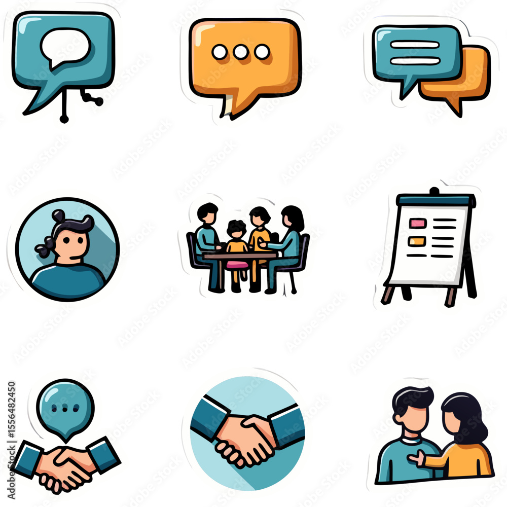 Aufkleber set of various communication and social interaction icons representing conversation and teamwork