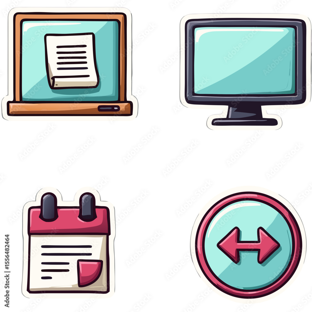 Poster set of four digital icons representing document editing, computer display, calendar management,