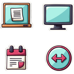 Set of four digital icons representing document editing, computer display, calendar management,