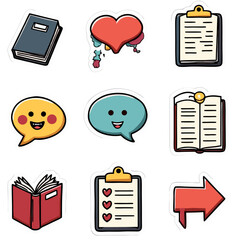 Collection of educational and communication stickers including books speech bubbles and icons