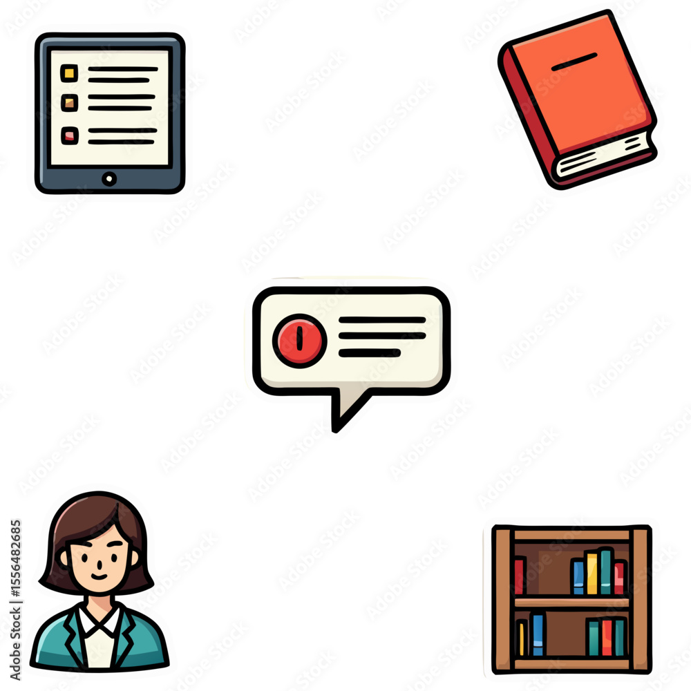 Aufkleber illustration of communication devices and a person with a bookshelf in a digital vector style