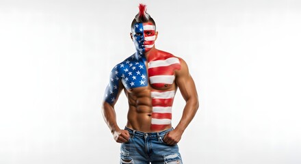 Independence Day, July 4th – AI-generated man wearing jeans with body and face painted in the colors of the US flag celebrating American patriotism and freedom