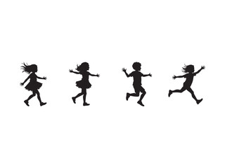 Four children silhouettes running and jumping joyfully