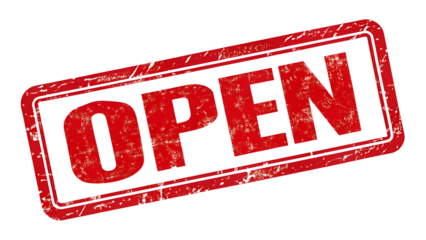 Red open sign with grunge effect isolated on transparent background for business