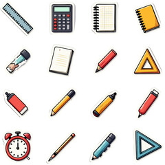 Collection of various school and office stationery items including pens notebooks calculator and