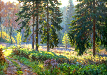 Fototapeta premium Scenic forest path with tall trees and sunlight in autumn 