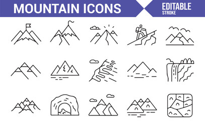 Collection of icons representing mountains, trekking, and nature