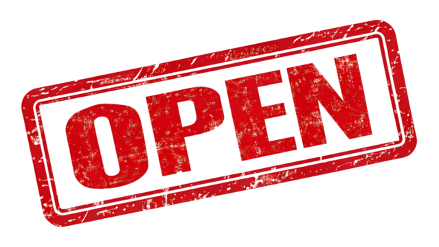 Red open sign with grunge effect isolated on transparent background for business