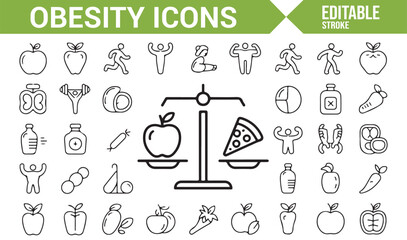 Health and fitness icons set focusing on obesity prevention and management