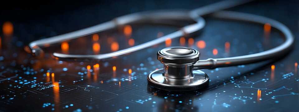 A stethoscope resting on a digital health data background symbolizing modern medicine -