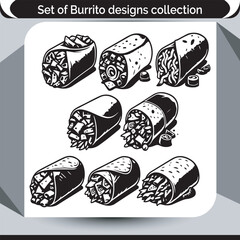 A Captivating Assortment of Burrito Designs A Culinary Journey Through Mexican Flavors and Textures Showcasing Intricate Details and Bold Black and White Contrast Ideal for Food Lovers