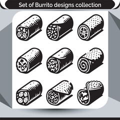 Nine Distinct Burrito Design Variations Showcasing Various Fillings Wrapping Styles Creating A Visually Appealing Collection For Culinary Arts Inspiration With Unique Textures Forms