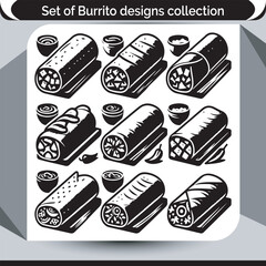A Diverse Burrito Collection Showcasing Unique Design Variations and Styles From Classic to Modern, Each Presentation Exuding Culinary Appeal and Creative Flair in Black and White