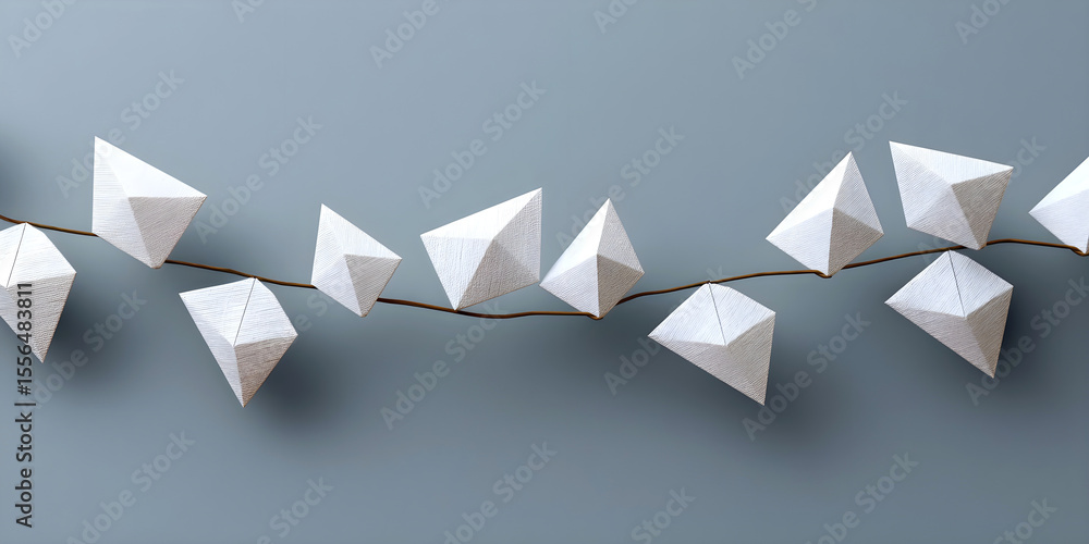 Poster decorative white paper geometric shapes arranged on a thin string against a soft gray background, cr