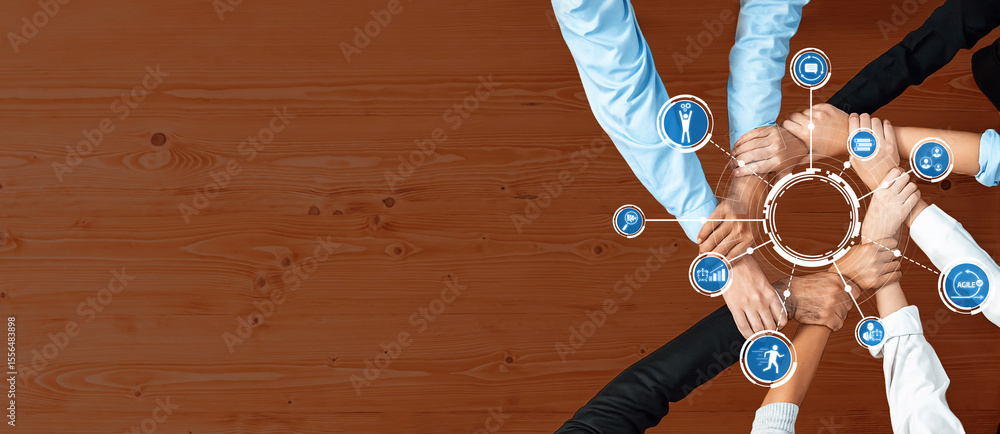 Poster this image represents a collaborative teamwork concept with diverse hands joining around circular sy