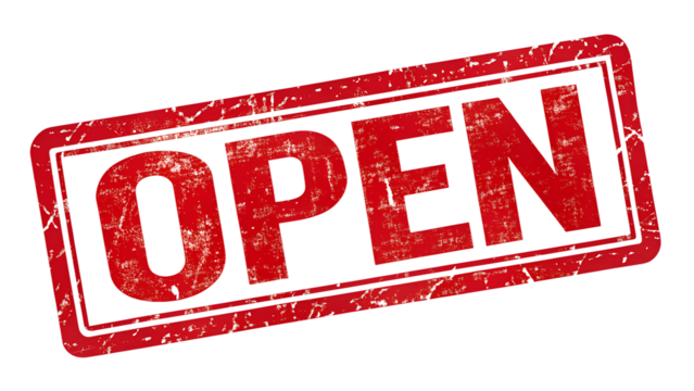 Red open stamp isolated on transparent background indicates a business is ready for customers