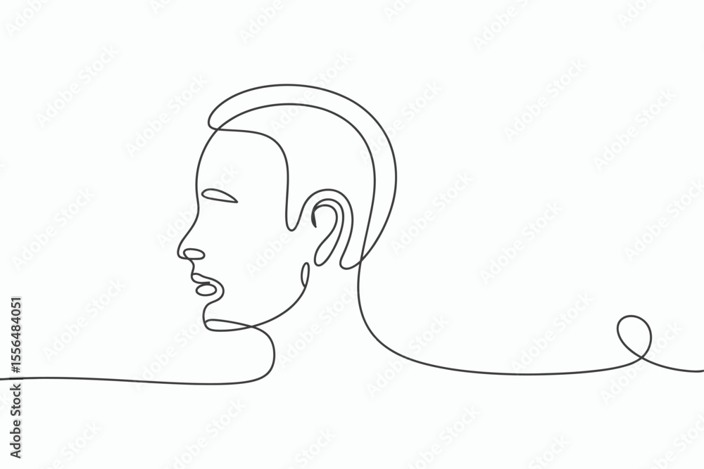 Poster minimalist single line drawing of a human head profile with a flowing abstract element