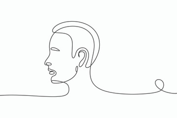Minimalist single line drawing of a human head profile with a flowing abstract element