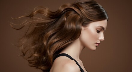 Woman with Flowing Brown Hair on Brown Background