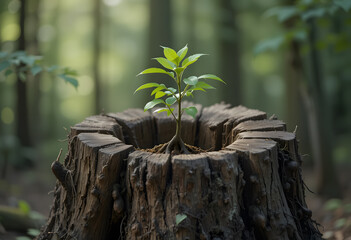 Young tree emerging from old tree stump 