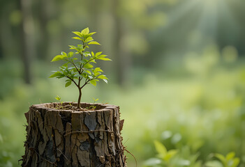 Young tree emerging from old tree stump 