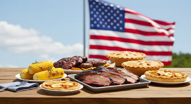 4th of July Outdoor Celebration – U.S. Independence Day Picnic with Hamburgers, Apple Pies, Grilled Corn, BBQ, and Refreshing Drinks in Patriotic Setting