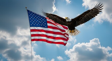 July 4th – Bald eagle in flight next to the American flag, symbolizing freedom, patriotic spirit on US Independence Day