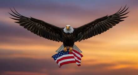 4th of July – Bald Eagle in Flight Grasping American Flag in Talons, Symbolizing Freedom, High Vision, and Patriotic Spirit for U.S. Independence Day