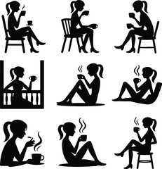 Girl Drinking Coffee Silhouette Set – Stylish Morning Icon Collection Coffee Lover Female Vector Icons – Minimal Girl & Hot Drink Design