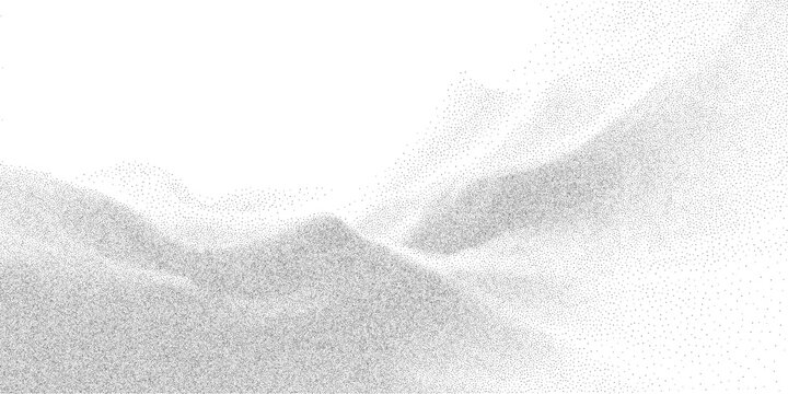 Monochrome stipple texture with scattered halftone dots. Gradient grain background with flowing pattern and grunge noise effect. Vector illustration.