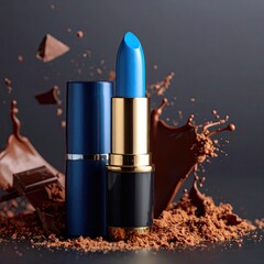 gray-blue color lipstick, chocolate color powder splashes  with copy space. 