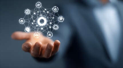IT Consulting. Businessman holds digital consulting network connecting icon representing IT solutions, focusing on innovation, strategy, optimization, growth, and technology-driven success	