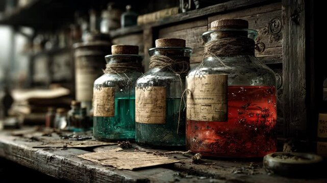 AI-generated old glass potion jars filled with colorful liquids on a dusty alchemist's table
