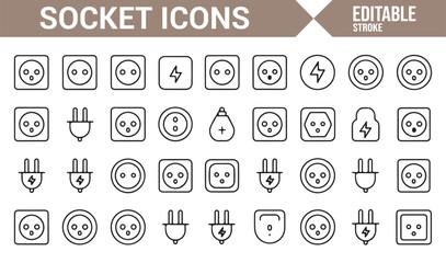 Set of socket icons depicting various types of electrical outlets and plugs