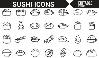 Collection of minimalistic sushi icons for food delivery and restaurant designs