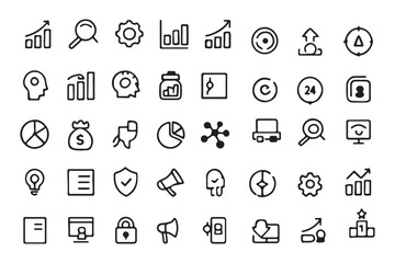 Comprehensive Business Analytics Icons Charts, Graphs, Strategy, and Growth Visualization