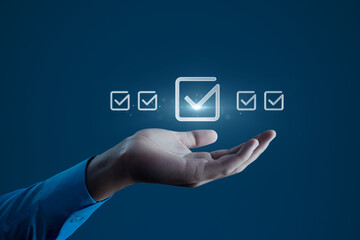 Human Hand Holding Checkmark Symbol. Quality Standards and Certification Concept