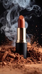 terracotta color lipstick, chocolate color powder splashes and smoke with copy space. 
