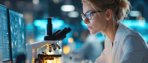 Focused Female Scientist at the Forefront of Medical Research. Innovating in a High-Tech Laboratory with Advanced Equipment and Digital Analysis.
