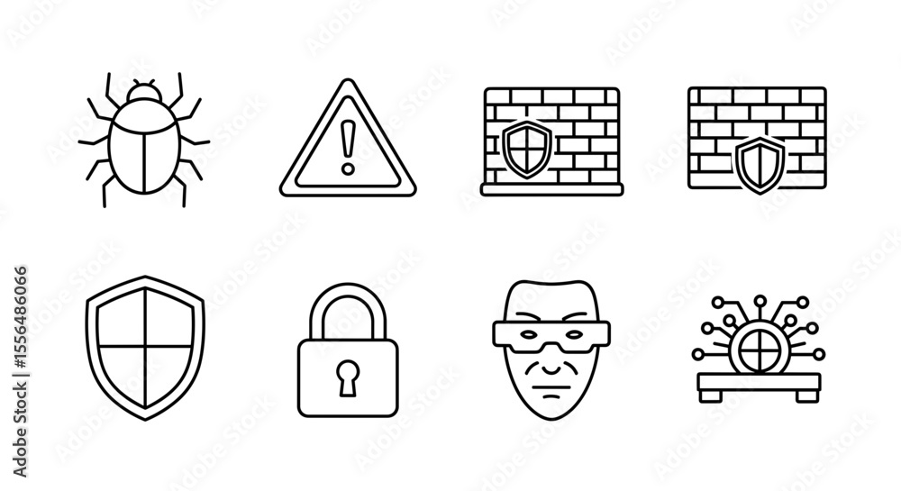 Poster line art depicting cybersecurity icons including bug, warning, firewall, shield and hacker face