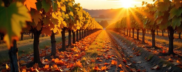 Golden Hour at the Winery Sun-Drenched Autumn Leaves and Grapevines After Harvest