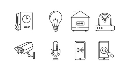 Collection of smart home devices including security camera and wireless router and smart thermostat