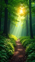 Sun-Dappled Forest Path A Magical Woodland Wander Through Lush Greenery, Perfect for Travel, Fantasy, and Nature-Inspired Designs